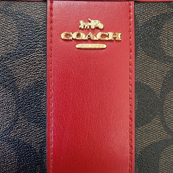 Coach Long Accordion Zip Around Wallet In Signature Canvas With Maroon Accent - Picture 3 of 10